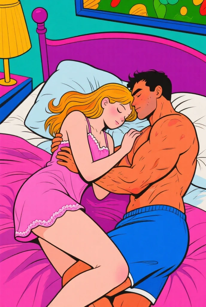 The man in his 45s with black very short hair and smooth face with moustache. The woman in her 45s with brown wavy long hair. The man and the woman are . In bed. Licking vaginasm. PasErotic. Night. Didark environment. Realistic. Ultra realistic.