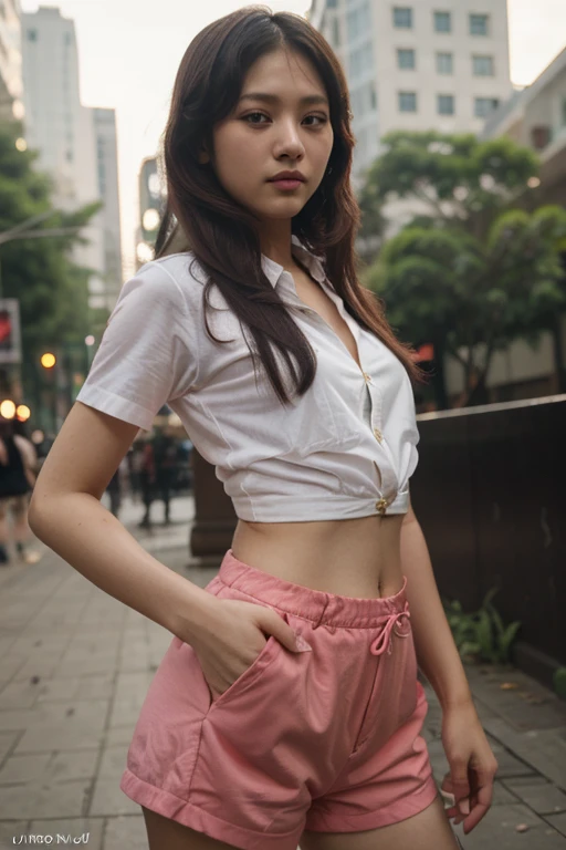 ,  bonita, 19 anos, loira platinada, nsfw, muito bonita, athletic, hazel eyes, red-lips, franja, usando uniforme escolar, saia plissada cinza clara muito curta, pernas grossas, pernas bonitas, cintura estreita, meias brancas de coxa saia plissada curta, cinza clara, mini-skirt, camisa branca de manga comprida, mamilos rosados, porcelain skin, The girl is wearing a black leather choker, the girl is wearing a school uniform, meias brancas de coxa The girl is standing on a street in a cyberpunk city,  the girl walks towards the camera, sob o sol do meio dia, the girl is wearing light fabric clothes. Foto de corpo inteiro, standing girl, portrait sophie mudd, thick neck, 19 year old female model, latina, angelawhite, violet myers, 22 years old, 21 years old, profile image, italian, italian latina, Alycia Debnam-Carey, hazel eyes, realistic, post-processing, maximum detail,
