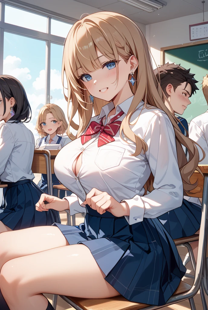 (superflat, flat shading, flat colors:1.1), (classroom), (2girls young student and teacher), slim, small breast, blonde hair, school uniform, teacher uniform, open shirt, white bra, (hugging from behind), (grab breast), shy, smile, blush, standing by blackboard, bright sunlight, best shadows, watercolor