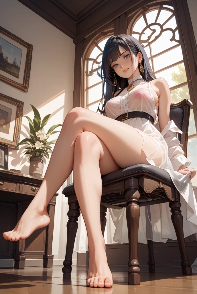 (Realistic:1.3), (photoRealistic:1.2), (masterpiece:1.2), (highest quality), (Detailed skin:1.3), (Intricate details), One girl, 20-year-old, Detailed skin texture, (blush:0.6), Scattered beneath the surface, Pale Light, smile, Black Hair, Straight Hair, Shoulder-length hair, Calm hair, bangs, Hair between the eyes, Hair volume is low, Sparkling blue eyes, Lens Eye, Light reflection in the eyes, Symmetrical eyes, Eyelashes,, Two arms, Two joints in the fingers, barefoot, Depict the whole body, Wearing edgJF_Black Chinese dress, Side slits, Sleeveless, ((Black Chinese dress)), Floral prints, (Inside the room), Chair, (((With legs apart)), ((Whitish beige panties)), See-through panties, Fingers between your legs, from below, (((Open your legs))), Don&#39;t hide your breasts