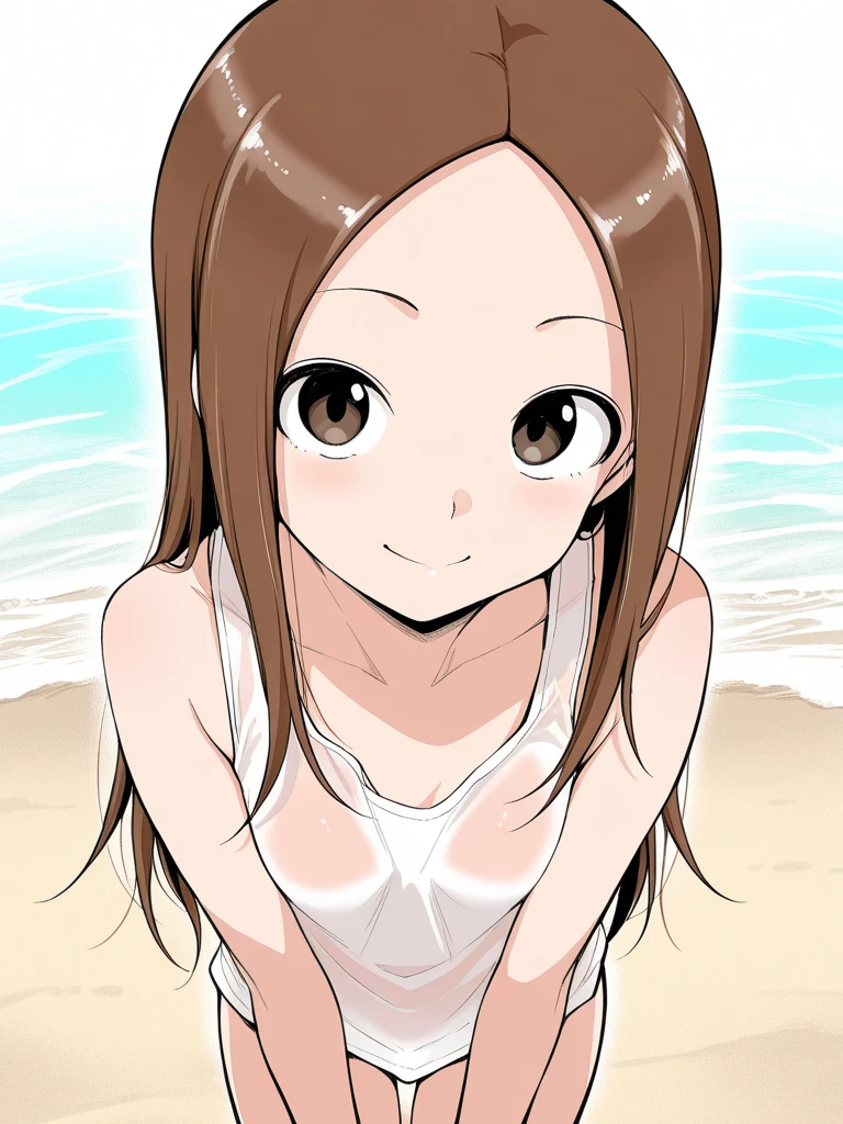 shallow depth of fiel,masterpiece,official,beach,sun,takagisan,kawaii,small breasts,cute,fullface blush,sweaty,steaming body,shiny skin,oily skin,heavy breath,pink bikini,(arms behind head),squatting,spread legs,angry,smile,photo,Embarrassed、Embarrassing、Troubled smile、