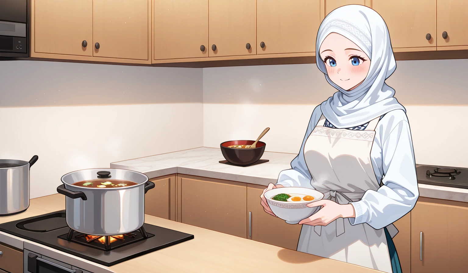 shinkai makoto, kimi no na wa., 1girl, bangs, black hair, short hair, ((wearing islamic hijab)), blush, bright eyes, brown eyes, red bow, smile, cute, beautiful, shiny skin, solo, looking at the viewer, shirt, white shirt, short sleeves, black skirt, long skirt, evening, sunset, cloudy, dynamic lights, restaurant, resto, cafe, foods, drinks, table, chair, sitting, POV (POV boy's bringing foods POV)
