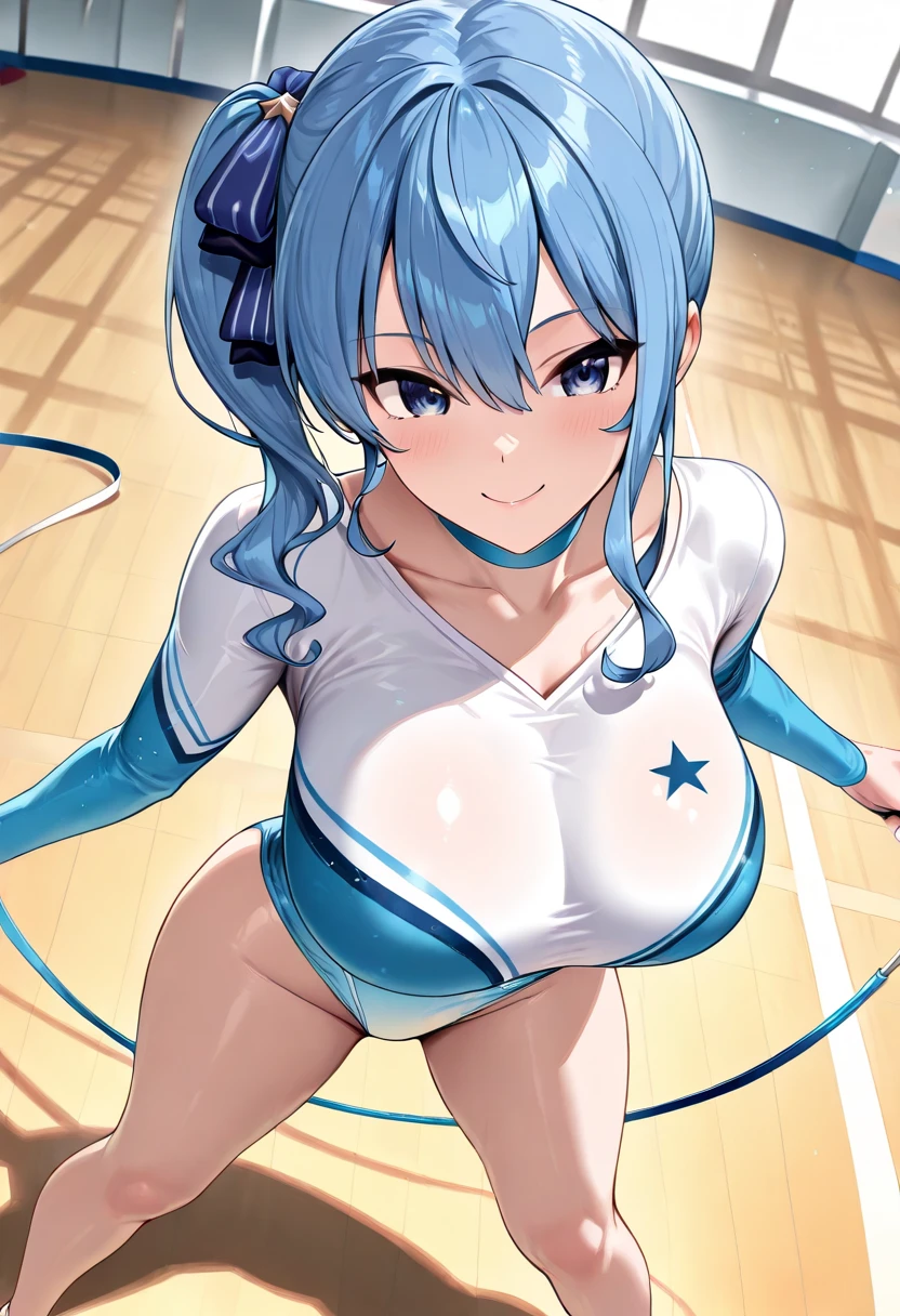 ((Highest quality)), ((masterpiece)), (detailed), One girl, sexy、Female professional wrestler、Muscular body、Big Tits、Big Butt、White high leg leotard、Ring Shoes(Boots up to the knee),Blue Hair(Her hairstyle is very short.)On the Ring、Crouching with legs apart、The costume is digging into her crotch、Nipples are exposed、The pubic hair between the legs is visible、