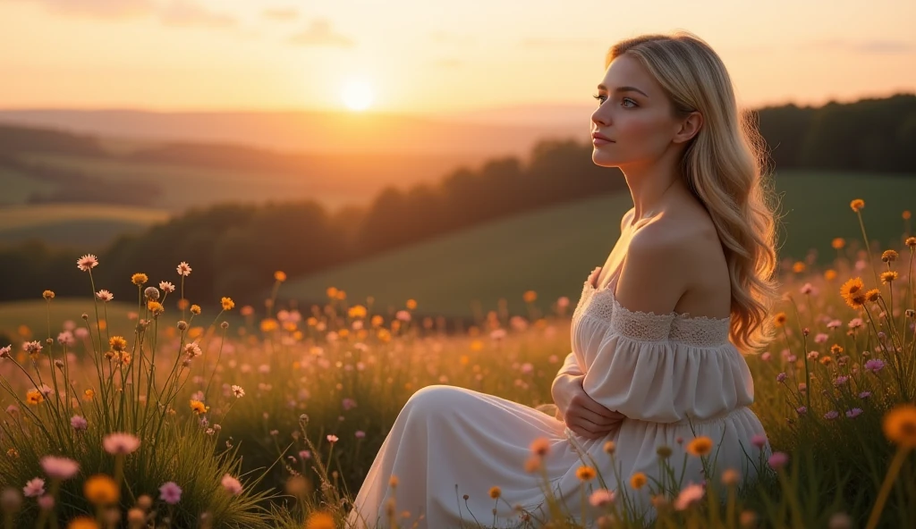 Adult women, in an open field, sitting on the grass, radiant sun, Color image with lots of sunlight, wearing a long, transparent white dress, light passing through the dress showing her panties, trees in the background, very tall grass