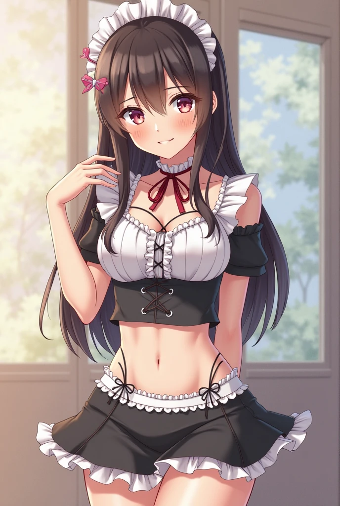 (masterpiece),maid,apprentice girl,lolita,black hair,show small breasts,Brown nipples,Red lace pants,Hirahira mini skirt,leaning forward,Sticking ass,satin fabric slip,,Natural light, realistic, diffused light, Looking up from behind,vapor, (), (urinate,leakage, curly pigtails,Thighhighs,red garter belt,Estrus face,,in front of the flower bed in the garden,