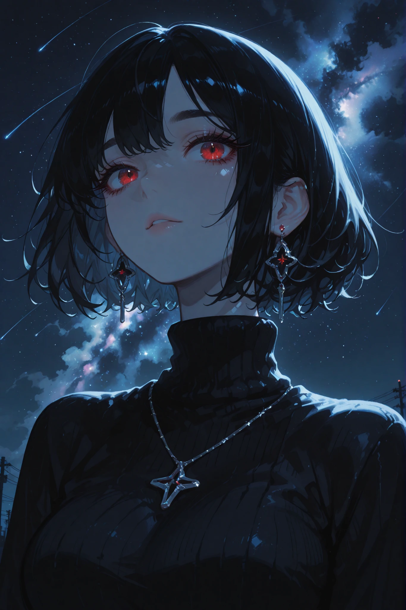 masterpiece, best quality, amazing quality, niji style, gothic style, hyper-detailed, newest, very aesthetic, 1girl, portrait, three-quarter view, short hair, black hair, thick eyebrows, red eyes, long eyelashes, turtleneck sweater, silver necklace, earrings, large breasts, night sky, star \(sky\), amazing background, dim lighting, soft shadow, absurdres, highres