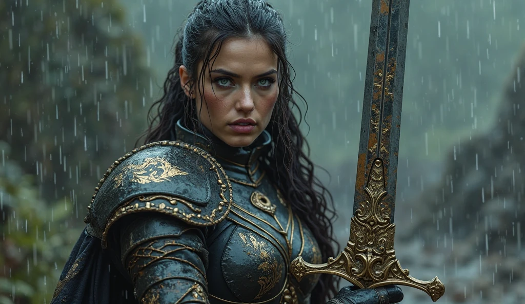 monster horror style in a vast, dark chamber that resembles an echoing cave, a figure stands tall and proud. clad in a sleek black leather outfit, the woman's physique is accentuated by her fitted attire. she wears a necklace with a glowing emerald pendant, casting an eerie green light across her face. her long dark hair flows freely behind her as she grips two sharp blades in her hands. as she turns to survey her surroundings, a sense of determination fills the air. her eyes gleam with a fierce resolve, reflecting the courage within her heart. but amidst this display of valor, there is a hint of vulnerability a tiny crack in her armor. her lips tremble slightly, revealing a flicker of fear lurking beneath the surface. despite the ominous atmosphere, the figure stands resolute, armed and ready for whatever challenge comes her way. the interplay between courage and cowardice creates a powerful narrative, leaving one to ponder the true nature of this mysterious warrior. . terrifying creatures, fear of the unknown, survival themes, dark visuals
