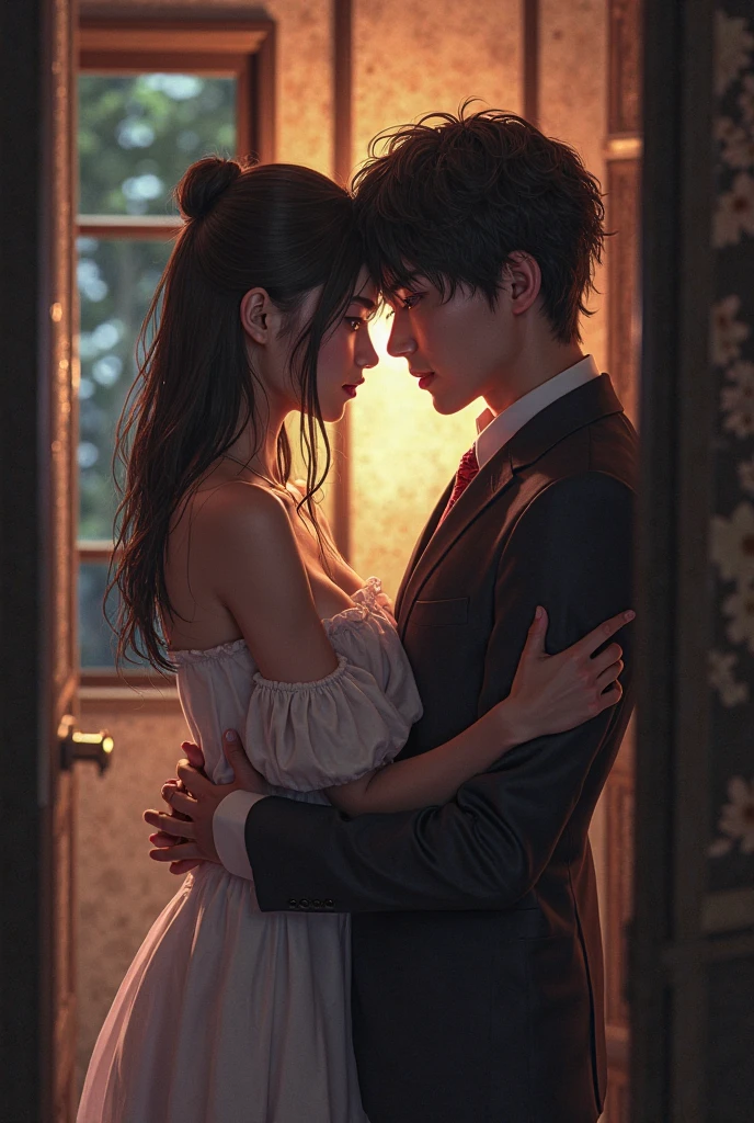 Woman hugged by man、inside in room、during night、Building lights outside the window