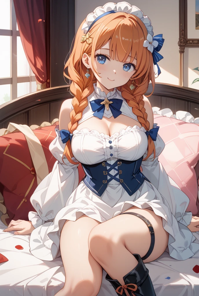 1woman, ((princess dress)), in medieval castle, ((dark blue long puffy rococo dress, full length hoop skirt, princess tiara, many ruffles, frilly)), (hair in ponytail, long beautiful orange hair), (Blue eyes), sharp outline, a matural female, 30 year old, {{{Best Quality}}}, {{{masterpiece}}}, {{intricate details}}, {{ultra detailed}}, ((((hourglass figure)))), (((huge boobs))), tiny waist, six pack abs, wide hips, super sexy pose, legs spread, (bigger boobs:1.4), (((orange hair))), big smiling expression, blushing, flirty, ((busty breasts)), boobs overflowing out of top, cleavage, more underboob, (((focus on woman))), many detailed ruffles, puffy dress bottom, tiered dress, dynamic angle, bulky hoop skirt, ultra-detailed 4k, ((high resolution image)), big puffy dress, ((((lying all the way down on bed)))), in castle bedroom, ((view from above)), boobs squished together, back on bed