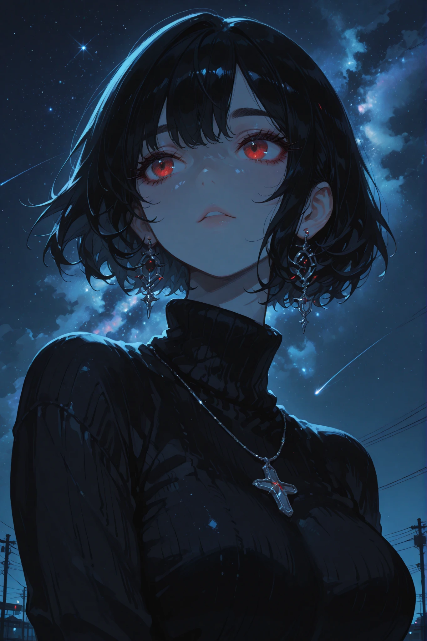 masterpiece, best quality, amazing quality, niji style, gothic style, hyper-detailed, newest, very aesthetic, 1girl, portrait, three-quarter view, short hair, black hair, thick eyebrows, red eyes, long eyelashes, turtleneck sweater, silver necklace, earrings, large breasts, night sky, star \(sky\), amazing background, dim lighting, soft shadow, absurdres, highres