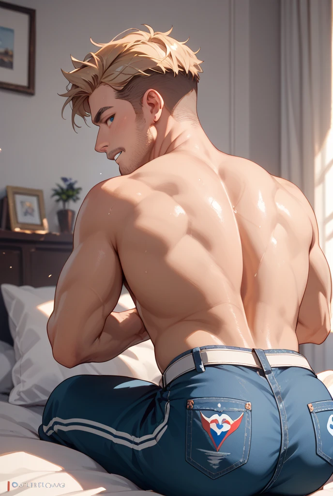((Best Quality, 8K, ultra-detailed, Masterpiece: 1.3)), 1boy, shiny skin, sharp, Perfect Body Beauty, realistic shaded perfect body, (cute baby face:1.1),("underwear, big bulge ":1.2),(dynamic pose:1.1), thigh , bedroom , bulge focus