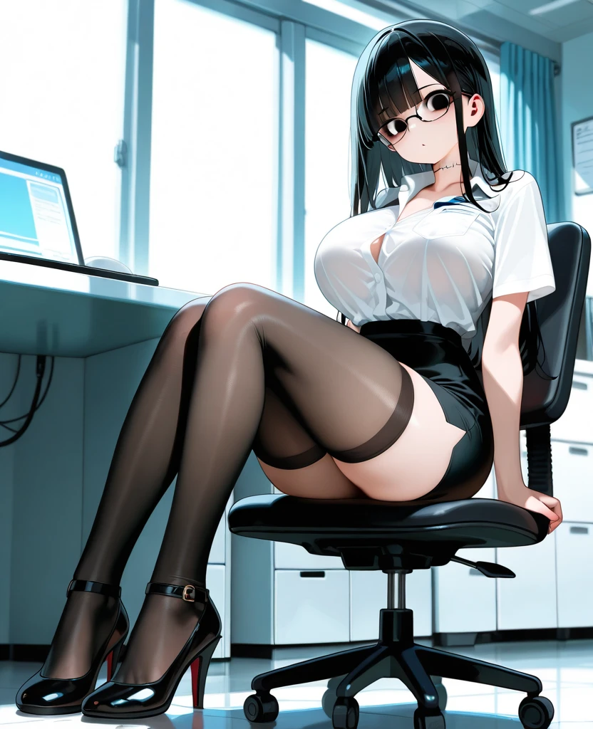 1 girl, glasses, (full body:1.2), sitting, (angle from below:1.1), (angle from the side:1.1), blush, (slim body:1.2), (huge breasts:1.5), (slender and long legs:1.2), black hair, short hair, white long sleeve shirt, pleated skirt, (black tights:1.1), black loafers,