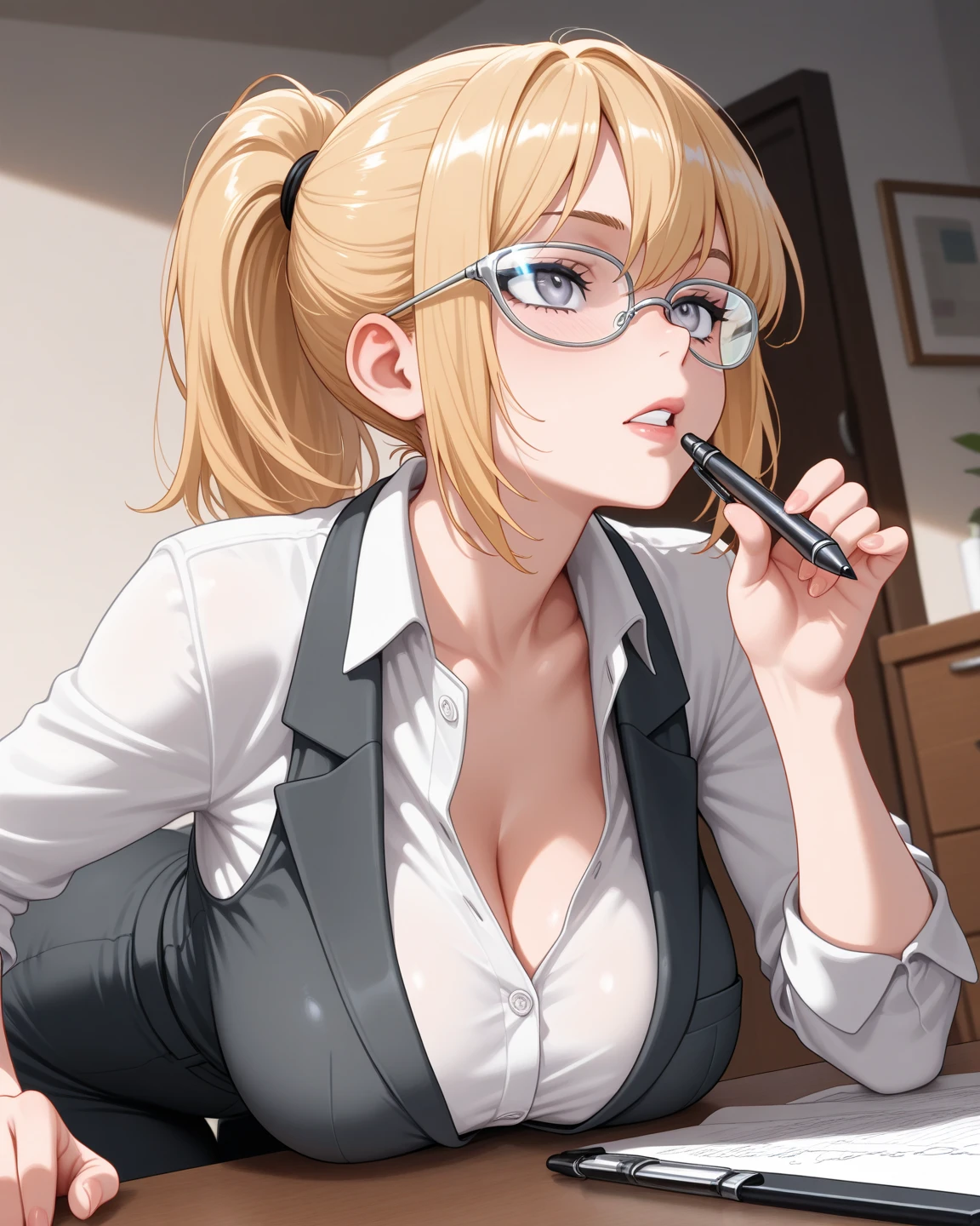 espeon, HD, big breasts, giant breasts, office, sitting in an office chair, detailed light, dynamic angle, dynamic light, detailed face, beautiful background, detailed hands, full body, businessman clothes, businesswoman, fancy clothes, two ears, espeon, office clothes, serious face, Serious, desk, office, glasses, nsfw, nipples, vagina, spread legs