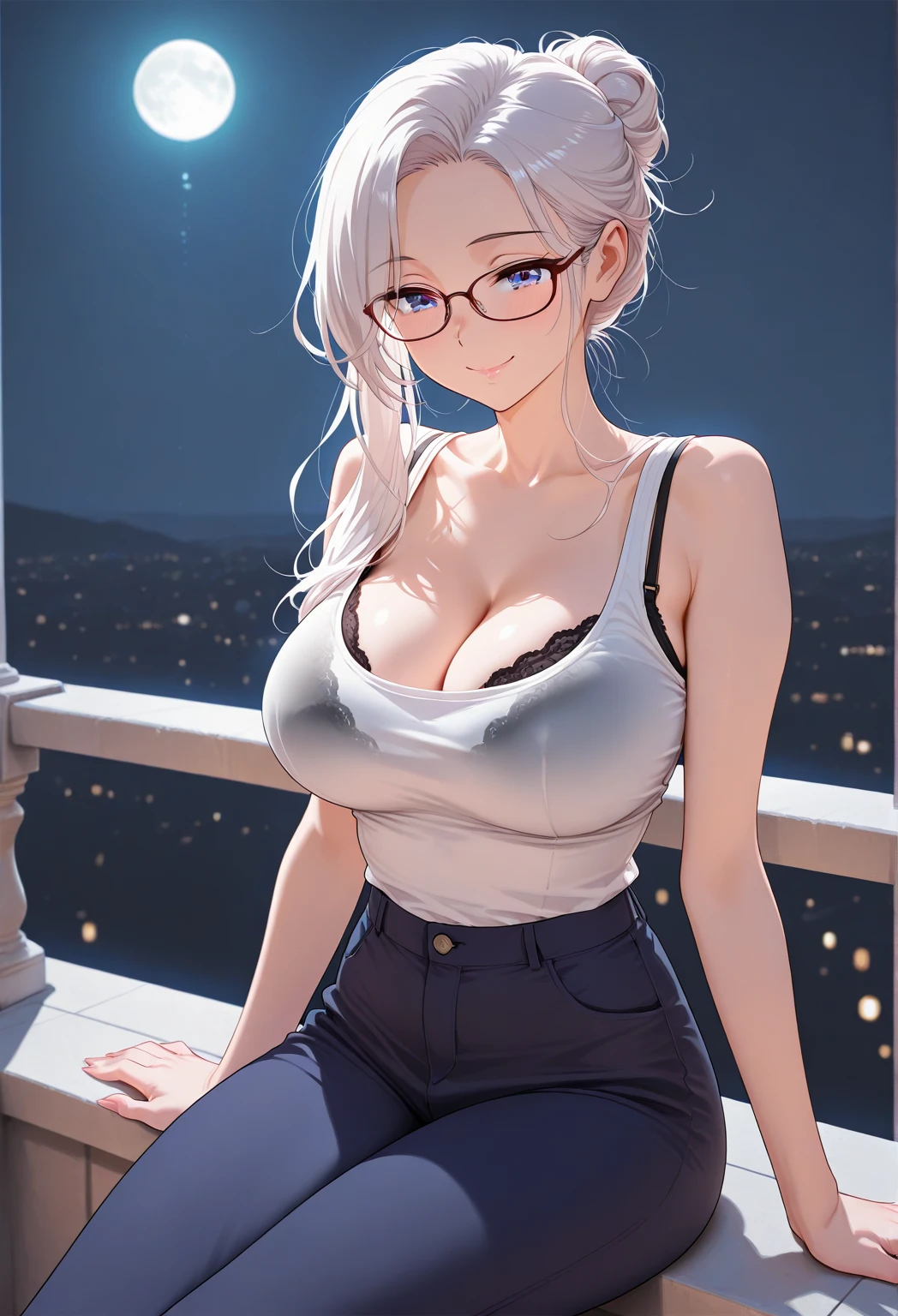 1girl, solo, <lora:zavy-nfrrd-sdxl:0.5> zavy-nfrrd, infrared, monochrome, white, light-blue highlights, long hair, streaked hair, multicolored hair, blue eyes, eyeliner, glasses, black-framed eyewear, t-shirt, short sleeves, skin tight, large breasts, skinny jeans, lowleg pants, midriff, hip focus, looking at viewer, city, outdoors, building, street, perfect lighting, depth of field, blurry background, cinematic, filmic, high budget, (masterpiece), (best quality), (ultra-detailed), very aesthetic, illustration, perfect composition, intricate details, absurdres