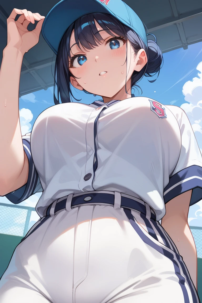 One woman、beautiful girl、high school girl、Baseball uniform、Yankees uniforms、Baseball cap、ponytail、Long Hair、baseball Ground、The stands are packed、slouch、Highest quality, Thick thighs、Big 、Big Ass、Black Hair、Sweaty body、Number 51、White panties、Fullback panties、Squatting with legs apart、catcherミットを構える、catcher、Blue panties、Hold the mitt in front of you