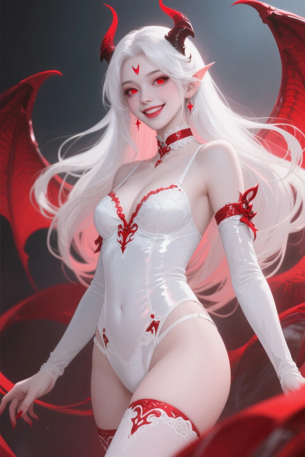 masterpiece, best quality,veibae, 1girl, breasts, virtual youtuber, blue eyes, gloves, underwear, thighhighs, white hair, long hair, wings, tail, solo, horns, asymmetrical gloves, bra, blush, panties, smile, mismatched gloves, mismatched legwear, demon tail, demon girl, asymmetrical legwear, large breasts, white gloves, looking at viewer, navel, demon horns