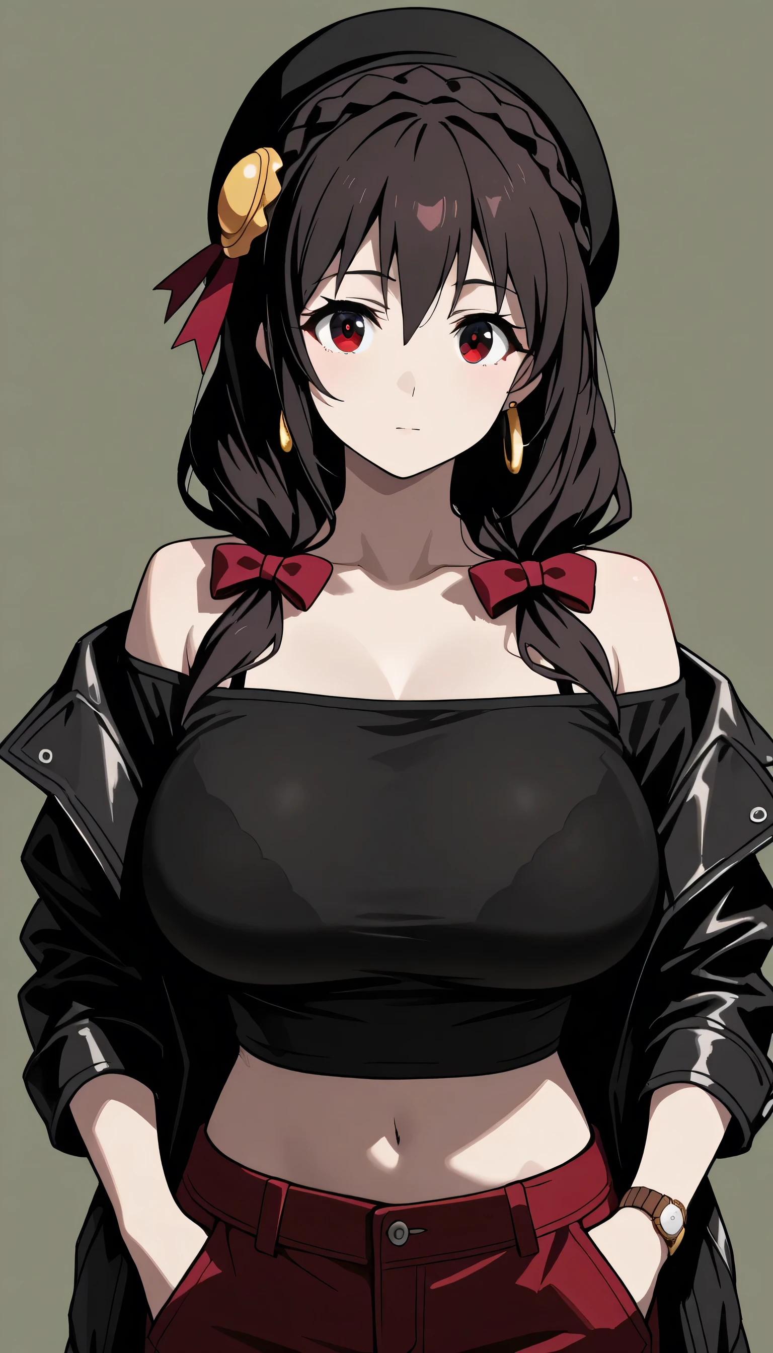 Give your images flat even illumination (negative) or dramatic chiaroscuro lighting (positive).1girl, solo, hat, , hands_in_pockets, navel, red_pants, hoop_earrings, simple_background, jewelry, contemporary, earrings, pants, looking_at_viewer, midriff, , off_shoulder, , alternate_costume, green_background, watch, , casual, black_headwear, closed_mouth, , wristwatch, jacket, bra, bare_shoulders, sidelocks, underwear, huge breast,yunyun, black hair, hair ornament, red eyes, bow, braid, crown braid, mature female, breasts,