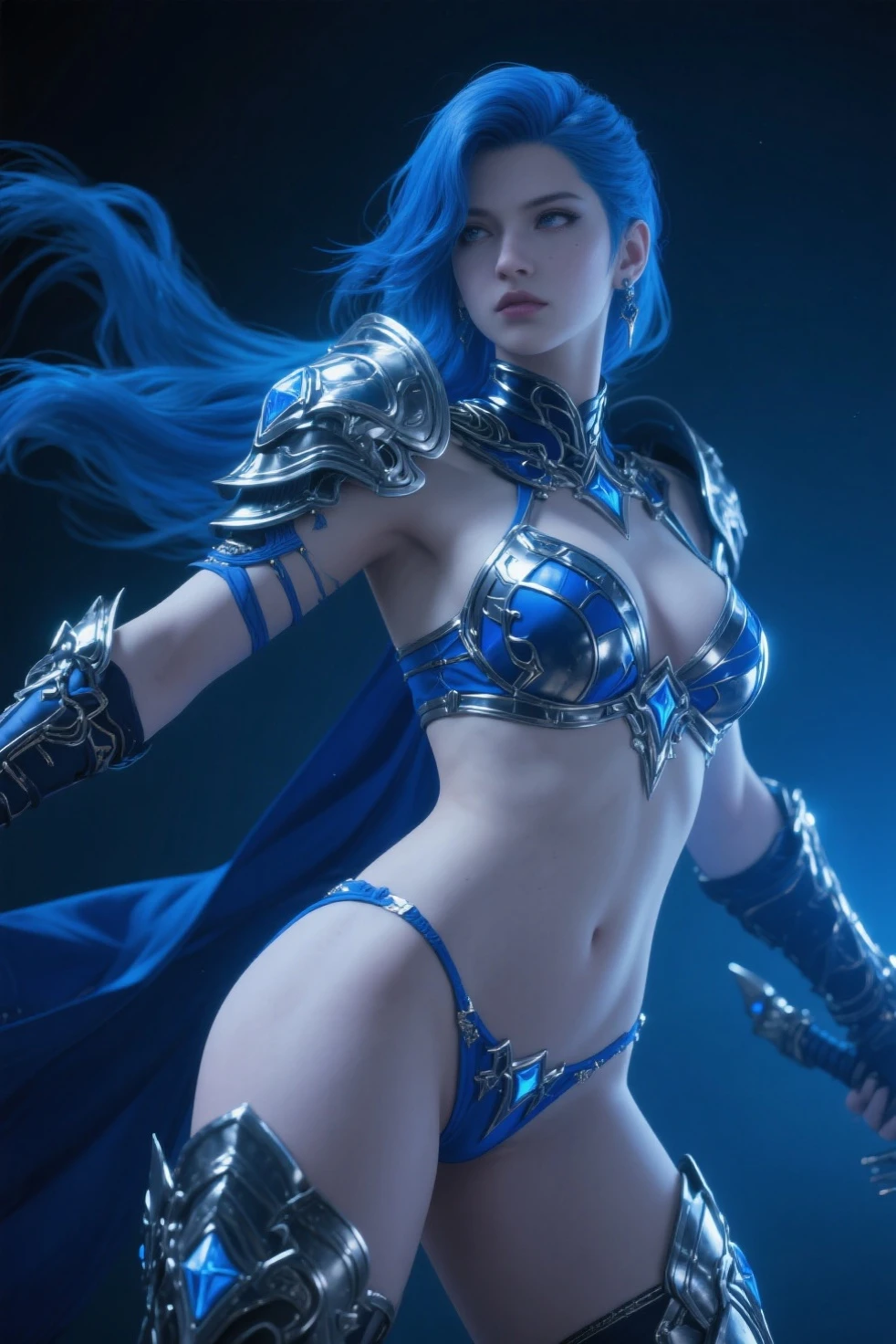 masterpiece,best quality,absurdres,photorealistic,detailed skin,mature female,sagging breasts,thick thighs,(skinny, large breasts),<lora:more_details:1>,<lora:Elder Titan:0.3>,weapon,glowing,holding sword,horns,armor,blue_fire,