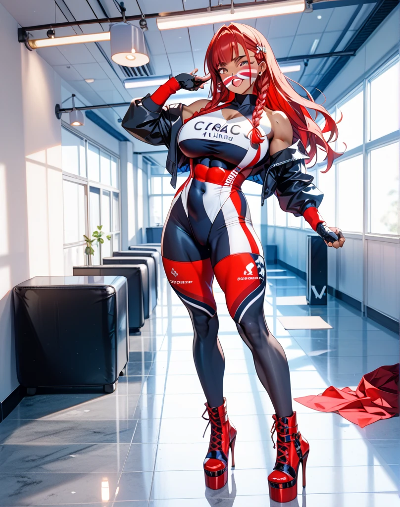high quality, subsurface scattering, chromatic lighting,
colorized, red + white limited color palette,
detailed concept drawing,
Street girl, cyberpunk, futuristic, full body, no weird things or color on her face,
portrait, 20yo 1girl, medium soft breasts, slender, crop top, jacket, combat pants, long red hair, blue eyes, posing