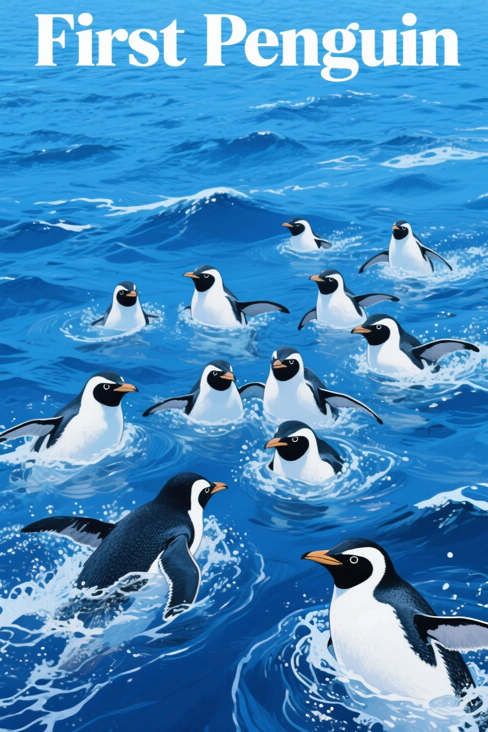 anime、Vibrant colors、In the water、Uplifting、A beautiful woman swimming in the ocean at 100km per hour、20 years old、Long Hair、Calm、Bright eyes、Sparkling eyes、Large Breasts、An innocent smile、10 cute penguins、100 vibrant tropical fish、1000 glittering particles