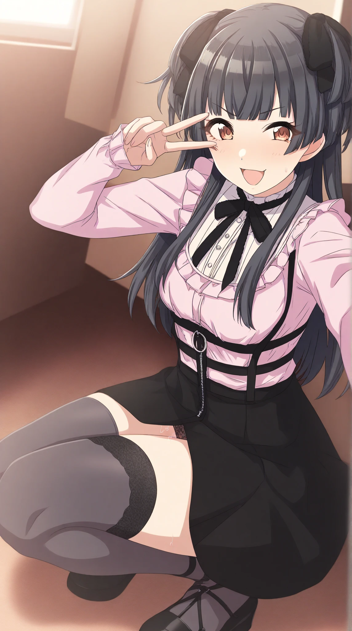 (nsfw),masterpiece,ultra detailed,sharp focus,4k digital art,high resolution,peeing,(realistic),(double peace,peace sign,v sign with both hands:1.5),(aroused and blushed:1.7),(peeing),tareme,(adult beautiful face,curvy adult body),(from below,upskirt:1.2),(navy blazer),dress shirt,navy pleated skirt,bow tie,(black hair,long straight hair),at back alley,off street,night light,(sweaty:1.2),grinning,(trembling,flying heart-shapes),(squatting and spreading legs),sexy undies,loafers