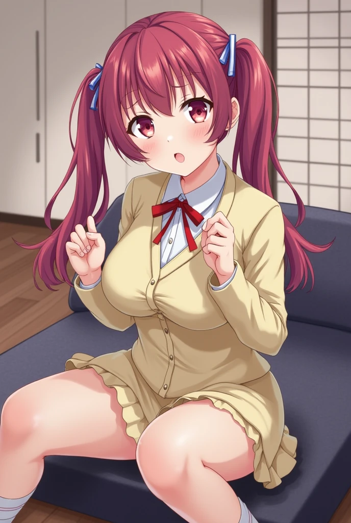 1 cute girl, (short stature:2.0, huge breasts:1.3, disproportionate breasts:1.3, thick legs:1.2, toddler body:1.2), two side up, long hair, BREAK (red hair:1.1), brown eyes, BREAK (naked:1.3), (blush, ;d, yuruyuri), full body, from front, BREAK at the adventurer's guild, A bulletin board with posted paper, nfsw, sweat, (cum in vaginal:1.3), vaginal sex