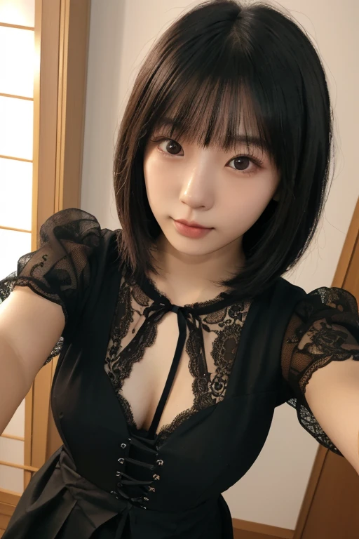 (surrealism, Raw photo, NIKON, 8K, Super Detail, masutepiece, high details, Intricate details, Super Detailed, Realistic lighting),
(Anatomically correct, Highly accurate human body, Highly detailed face, Realistic skin, realistic depiction of characters),
(16 years old, Japanese younger sister, Japanese high school girl, slim waist and busty body, Baby face, Sister girl, Affectionate and cute, Cute Girl, Surreal Girl),
(Round face, Black hair, Short bob cut, see-through bangs, Lowered eyebrows毛, Troubled eyebrows, Lowered eyebrows, Moist eyes, one small earring, Light blush),
(Prayer Pose, Fold your hands in front of your chest:1.5),
(Elegant smile, Lovely smile),
(frilled miniskirt, long sleeve ruffle shirt),
Natural lighting, full length, Whole body