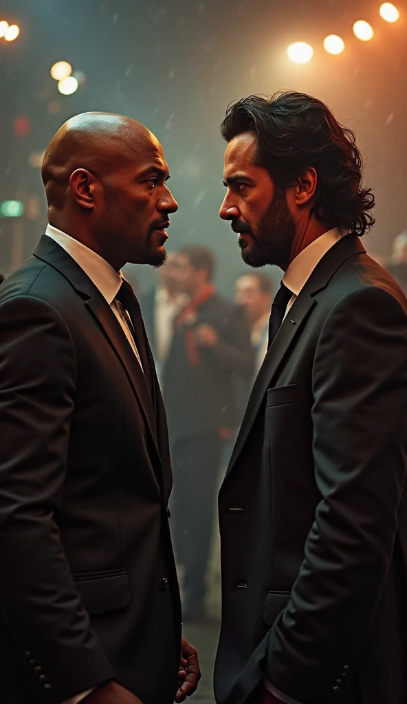 Thaballei: A rugged man with a lean, muscular build. He has short, tousled hair and intense eyes that convey anger and determination. He is dressed in casual, slightly worn clothes. His posture is tense, with clenched fists and a determined expression as he faces his adversary.Ningthouremba: A man in formal attire, exuding an air of controlled disdain. He sits back in his chair with a cool, detached demeanor. His face is a mask of calm, but there’s a hint of irritation in his eyes. He maintains a composed posture, contrasting sharply with Thaballei's intensity.