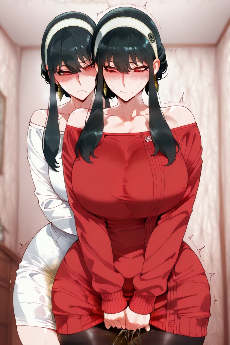 A wife(step mom), short black  hair, nice body line, nice red eyes, red tight sweater, and tight stockings, getting hot and sexy on a bed, appealing with a bounce and a panting face. She is about to pass out because of excitement. Sweating so hard