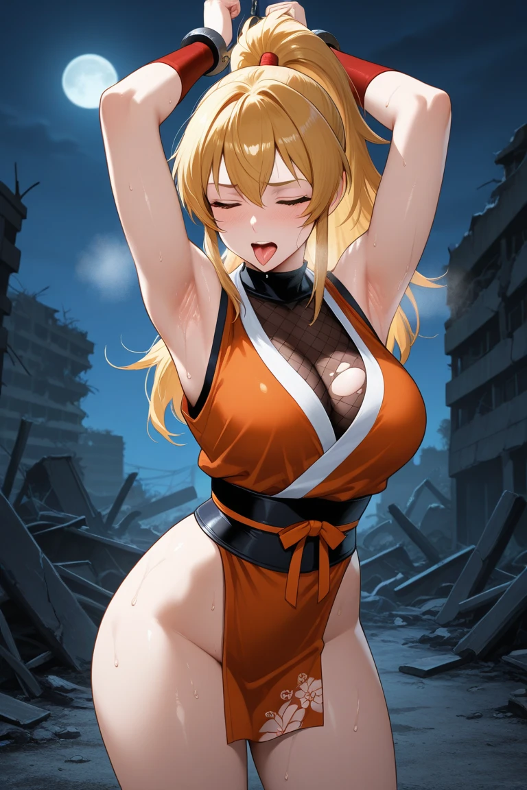 nsfw, large breasts, naked, nipple, nude, sea, Highway、 flooded、 running、 Building FIRE、 Heavy snowfall ,, blonde hair, red eyes, hairband, short hair, ,