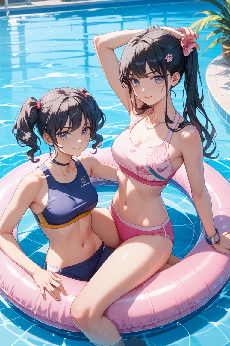 Highest quality、High resolution、Detailed Background、(Beautiful face in every detail:1.4)、Anatomically correct、(Detailed facial expressions)、(Detailed eyes:1.2)、Teenage beauty、(Highly detailed face:1.4)、(Huge breasts:1.2)、cute hair color、Braided bob cut、Braided Ponytail、Braided twin tails、cute hairstyle、well-groomed eyebrows、A big smile、smile、A fun atmosphere、Cute gestures、
(Two beautiful girls having fun at the beach or pool in summer:1.5)、
Bikinis with high waist and frill designs、A cute one-piece swimsuit with a romper-style design and ribbon accents、A tankini with separate top and bottom、Chiffon cardigans and pareos that can be worn by the pool、Loose shirts are fashionable、hair accessory、Accentuate with beach sandals etc.、
Vivid colors and refreshing pastel colors are recommended.、white、blue、Summer colors such as yellow、cute