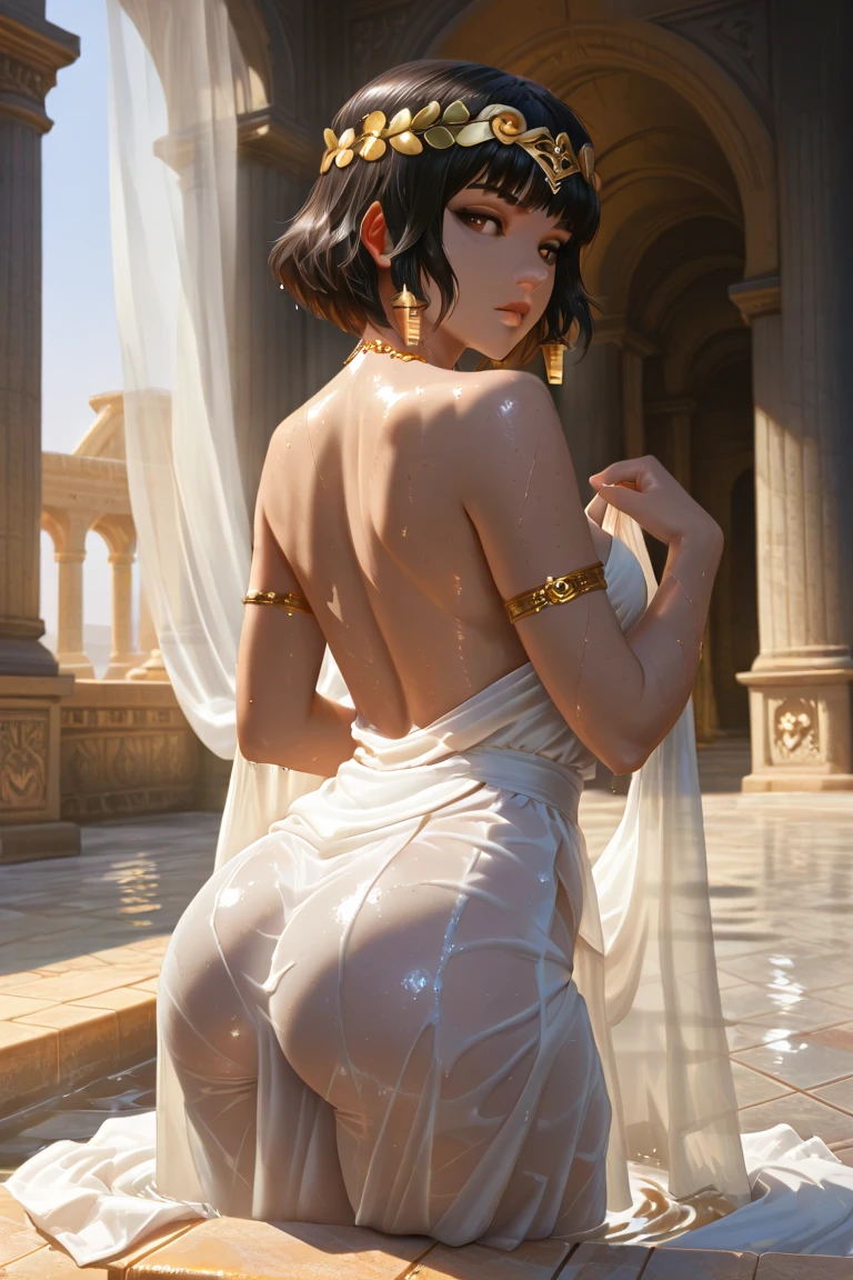 woman, long dress, back, profile, topless, tie hair