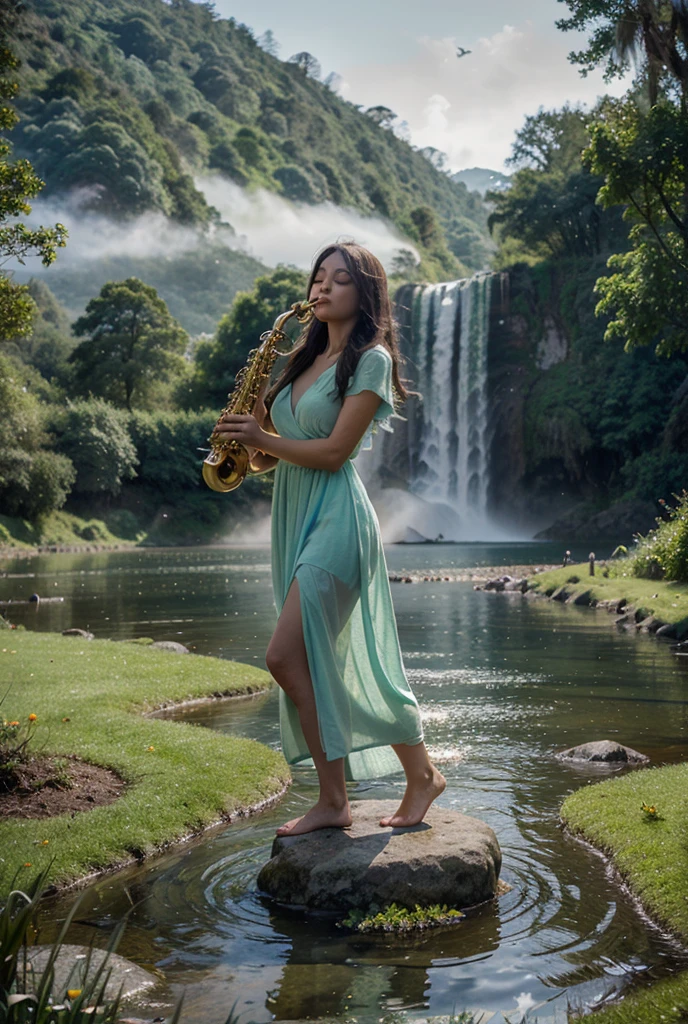 A woman stands naked in the forest and plays the saxophone