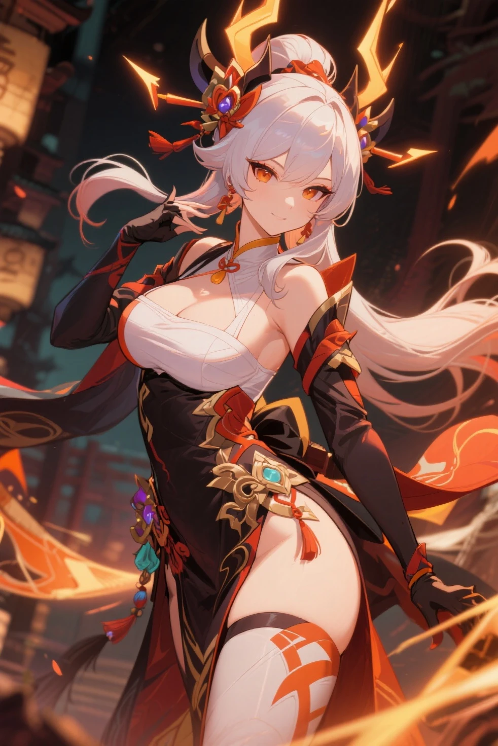 fox girl, white hair, yellow eyes, skimpy japanese outfit, tan skin, (best quality, masterpiece, colorful, dynamic angle, highest detailed), ((mature woman, hair ornament, large_breasts, hair_ornament, exposed cleavage, looking at viewer, seductive smile, glow eyes