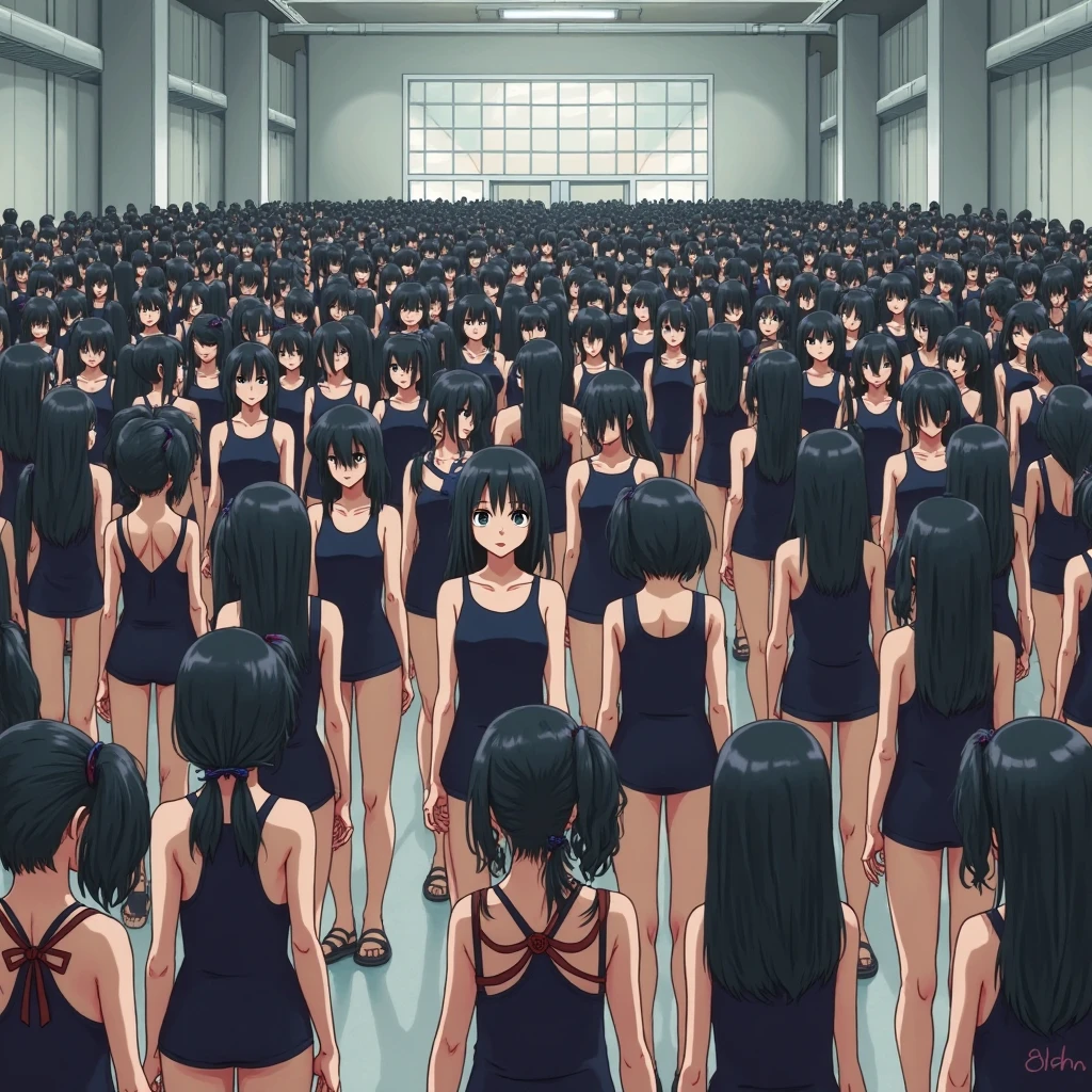 (Highest quality),(8k),army、Five women lined up in an orderly fashion,Completely naked,Expressionless,Dimly lit space,Anime Style,Standing still,