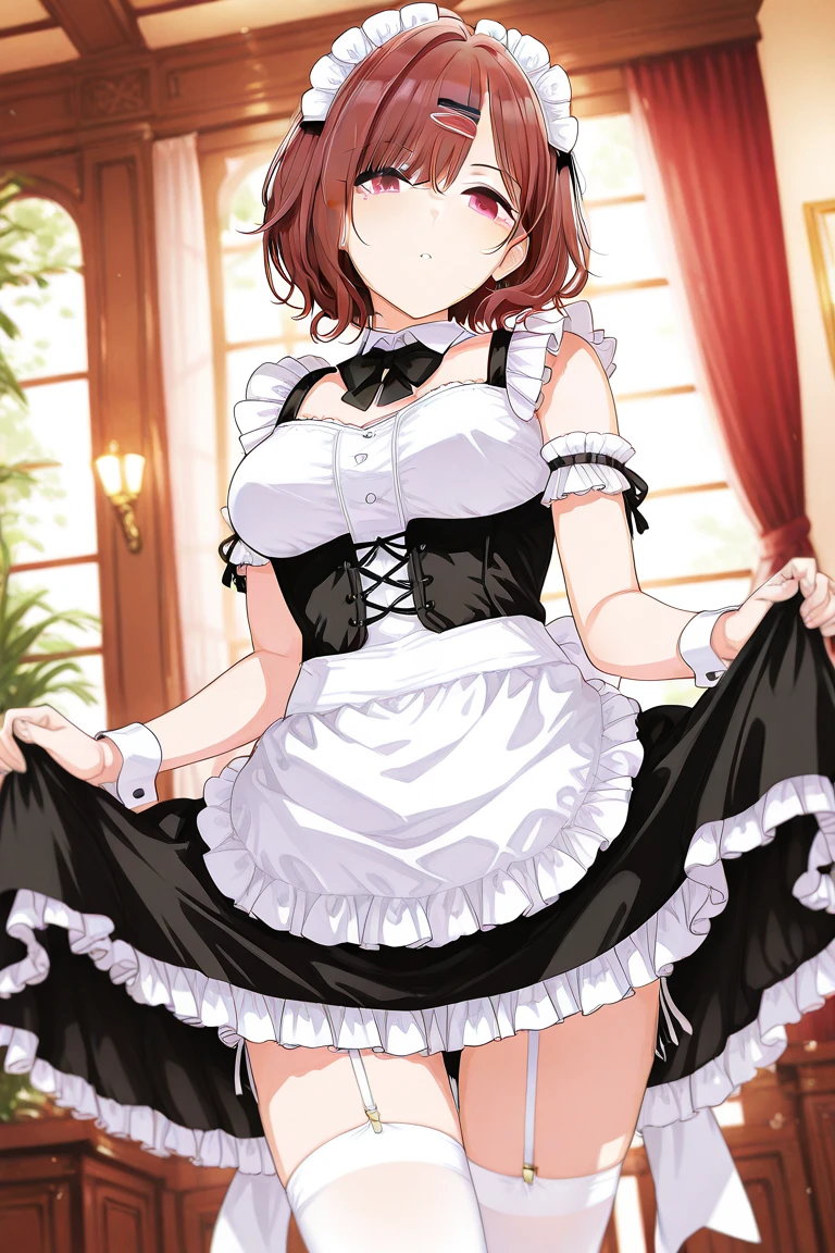 1girl, solo, masterpiece, best quality, high res, highly detailed, (illustration), beatiful detailed eyes, yuigahama yui, single hair bun, glossy lips, light make-up, (maid), cleavage, parted lips, facing viewer, thigh highs, high heels, city street, standing, small maid apron