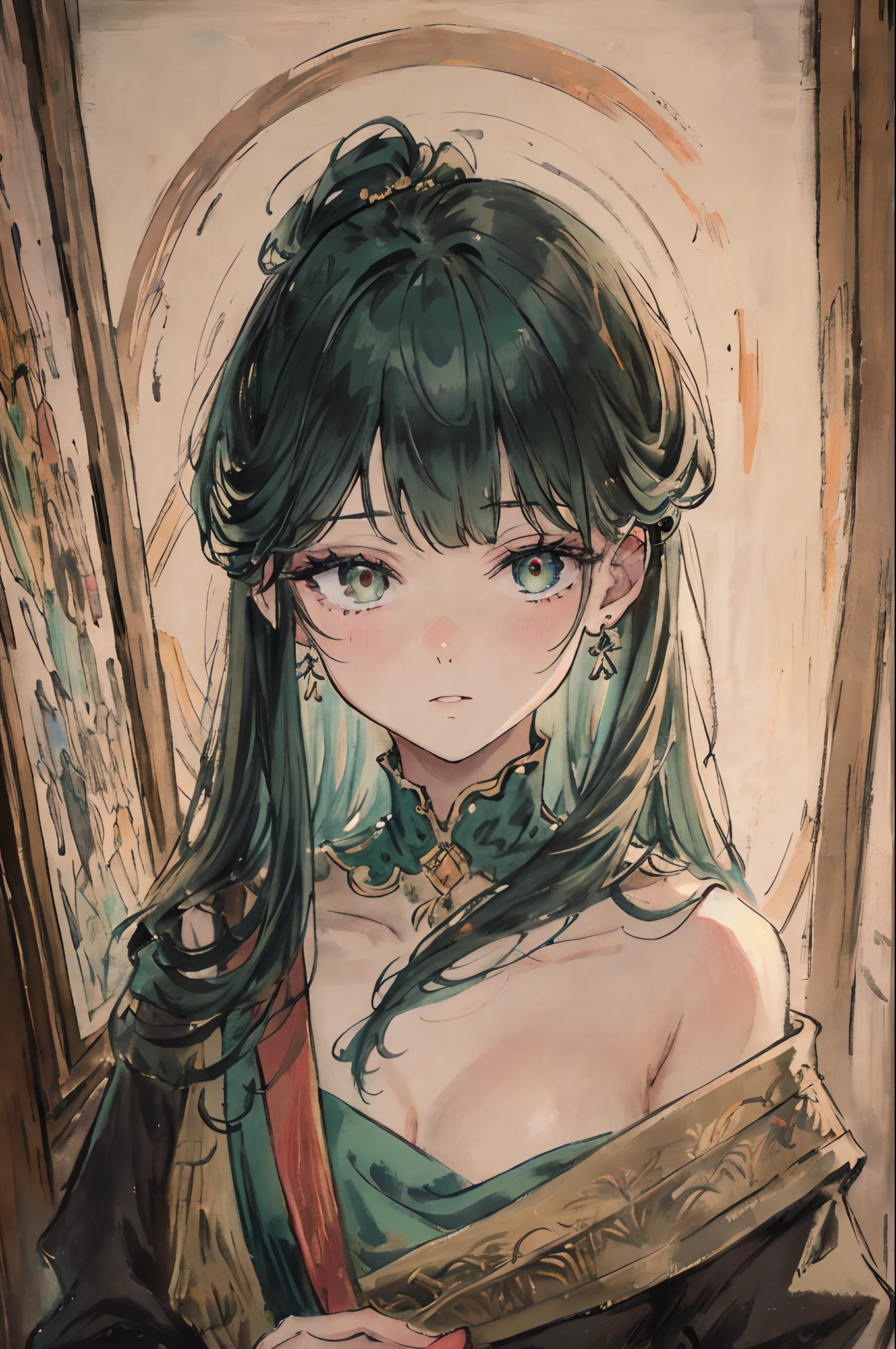 masterpiece, best quality, an extremely delicate and beautiful girl,an extremely delicate and beautiful, world masterpiece theater, ultra-detailed, highly detailed, best quality, Dark green hair, highres, extremely detailed, 1 girl, best quality, illustration, looking at viewer, impasto, canvas, oil painting, realistic, realist ,real, the left eye has all colors, the right eye is amber, Holding a plus has four cards