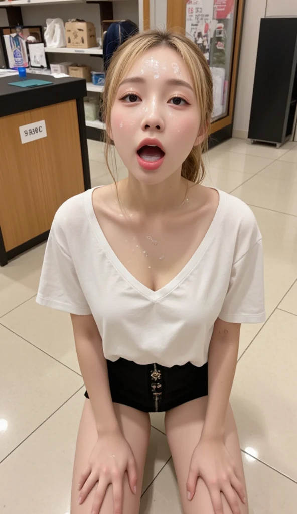 1girl,tied hair,black hair,looking at viewer,best quality,indoors,open mouth,half closed eyes,high quality,small breasts,hair ribbon，student,tied shirt,pleated skirt,close up,cute,stocking ,(wet_clothing,)cum in mouth,close up,cum_drip,pussy_juice,evil smile ,sweats,((highres )) all