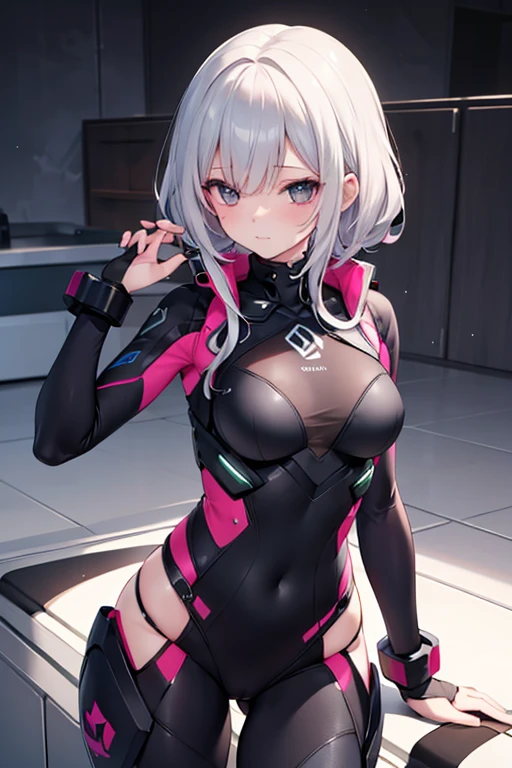top-quality、Full limbs、complete fingers、Slender beauty、1 female、woman wearing black and pink suit, streamlined pink armor, slick pink armor, fullbodysuit, cybersuit, matte pink armor