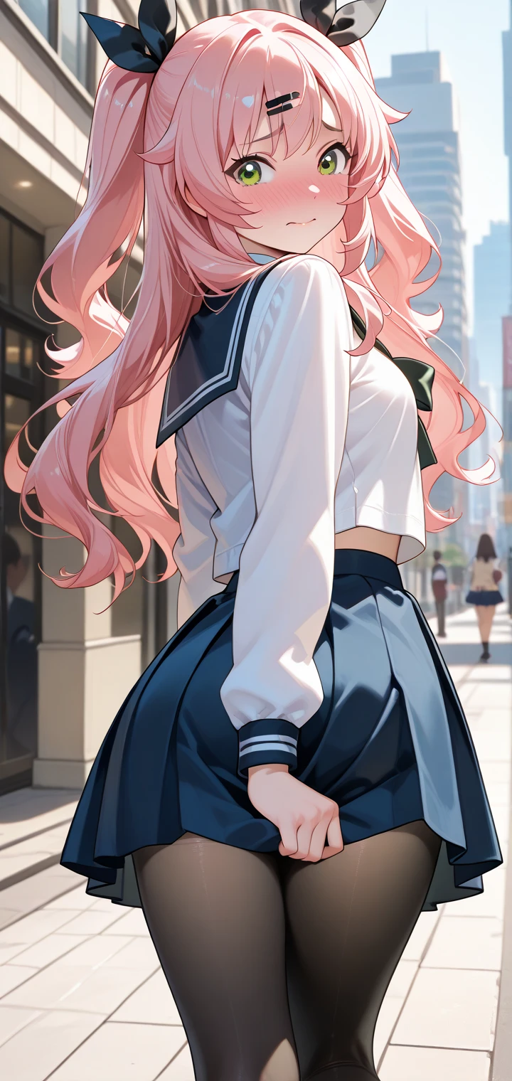 (masterpiece,highest quality,超A high resolution),japanese woman, (((Very beautiful 25 year old girl))), pretty girl、look at the photographer､  ((beautiful low ponytail)), super cute face, glossy lips, double eyelids in both eyes,natural smile、 natural makeup, long eyelashes, Shiny and smooth hair､center image,  perfect limbs, perfect anatomy,(((Tight Skirt)))、(((turn around and look back)),wet with sweat,