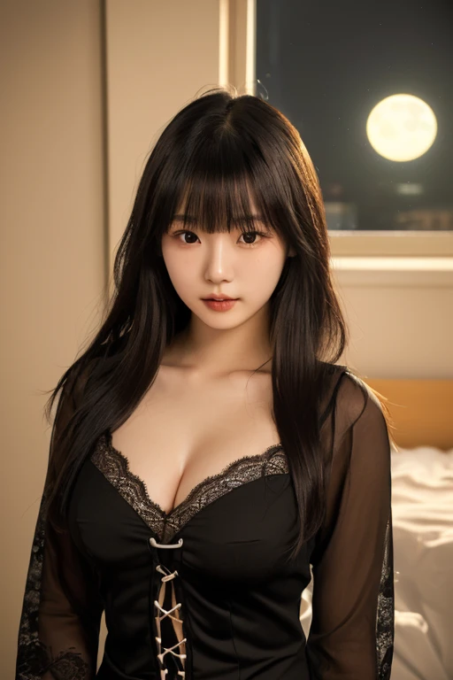 A very beautiful woman with dark eyes, an evil-looking face and a mischievous expression,