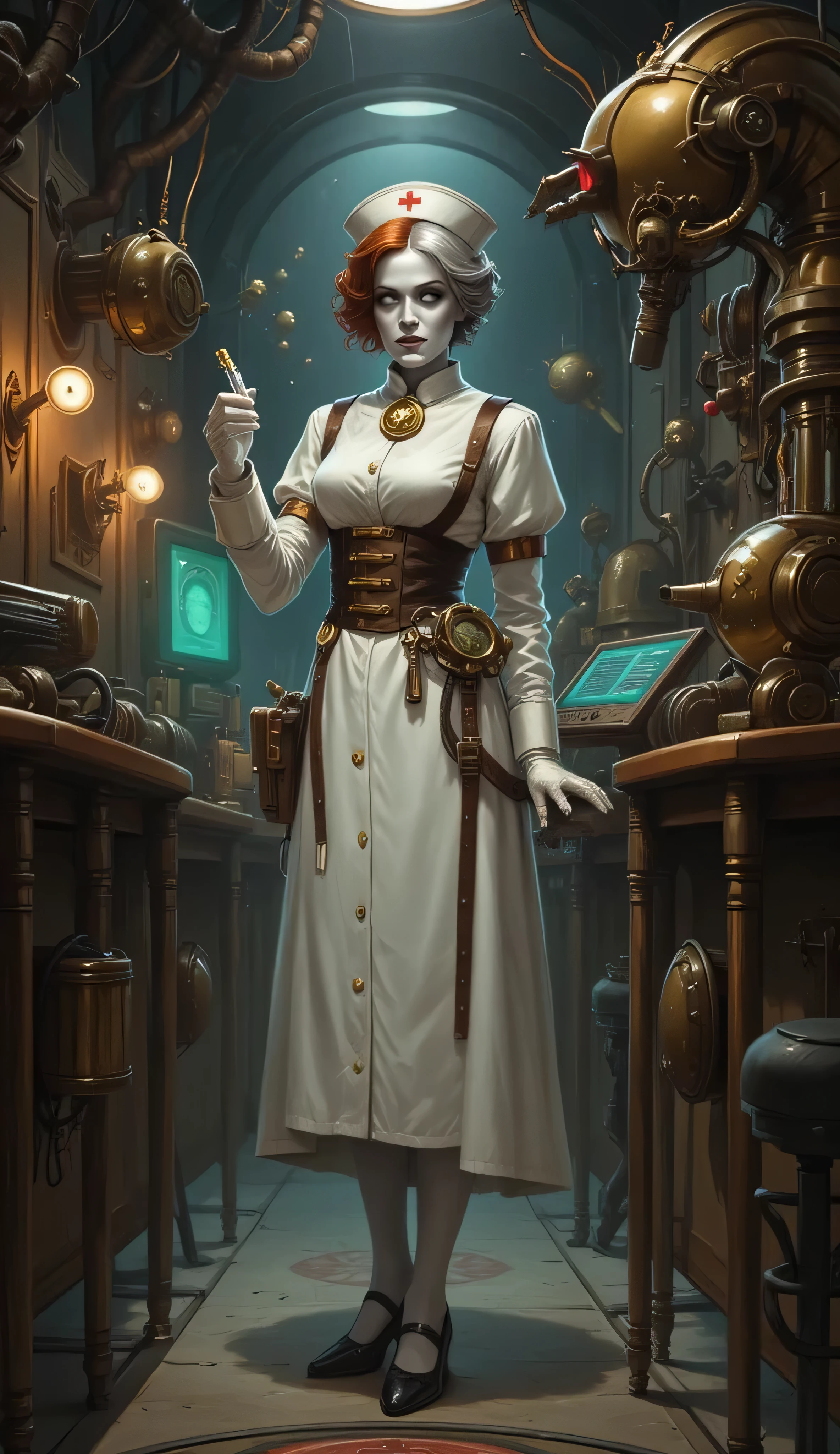 Сhangeling, 1female, solo, pale grey skin, steampunk nurse, standing, brass-and-copper medical ward filled with ticking devices and glowing gauges, half face shows a calm, nurturing woman with soft eyes and auburn curls, other half is sharper, more enigmatic, with silver hair and mechanical enhancements, vintage nurse uniform reimagined in steampunk style, leather straps, metallic accents, clockwork brooch that glows faintly with arcane energy, gloved hands, holds a strange syringe filled with iridescent liquid, robotic assistants float quietly, magical symbols pulse beneath the floor, dark steampunk fantasy, detailed textures, moody lighting, cinematic atmosphere, mysterious yet compassionate tone, cowboy shot, full body view