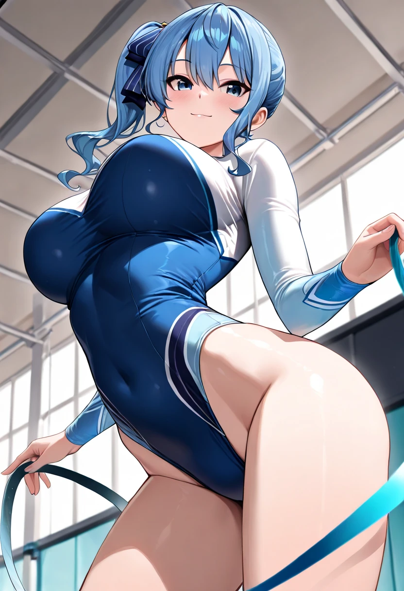 score_9, score_8_Excellent,anime, Show the soles of your feet, Dirty socks, odor, Armpit hair, Five Fingers, vapor, Sweat, Virtual YouTuber, Snow Flower Ramie, Huge Ass, Front view, Spread your legs, squat, School Swimsuit, Incredibly big ass, Large Breasts, Thick legs, Grit your teeth, Light blue hair, Yellow Eyes, Ahoge Ahegao Bitch Looking up from below