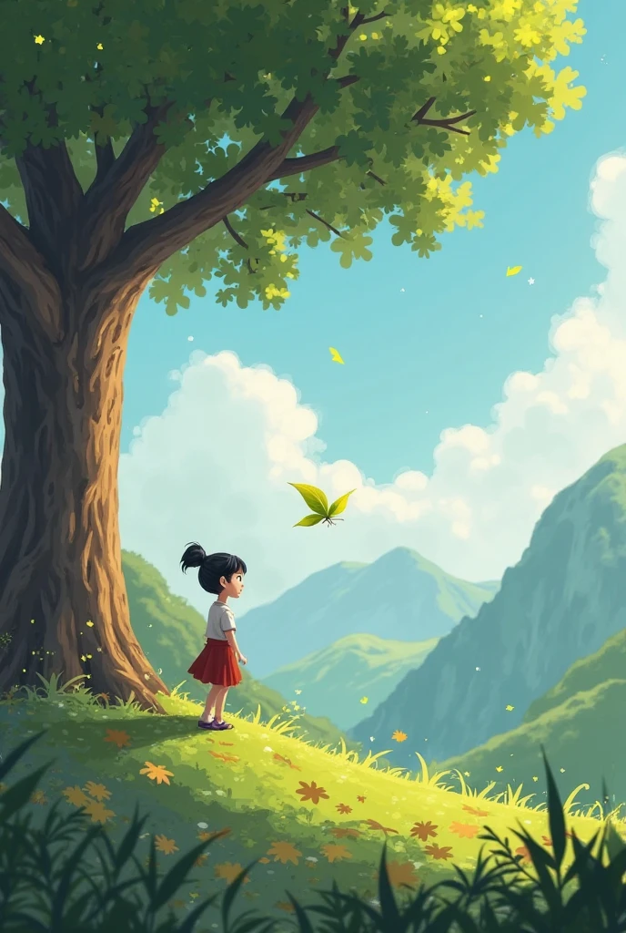 Tree status are very natural 
In the world small girl for tree
