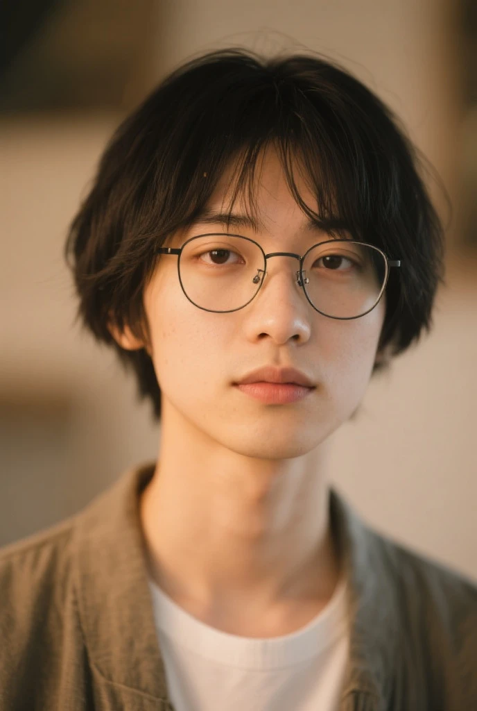 non-binary Japanese man, looks like a man, 21 years old with glasses and bangs falling over his eyes