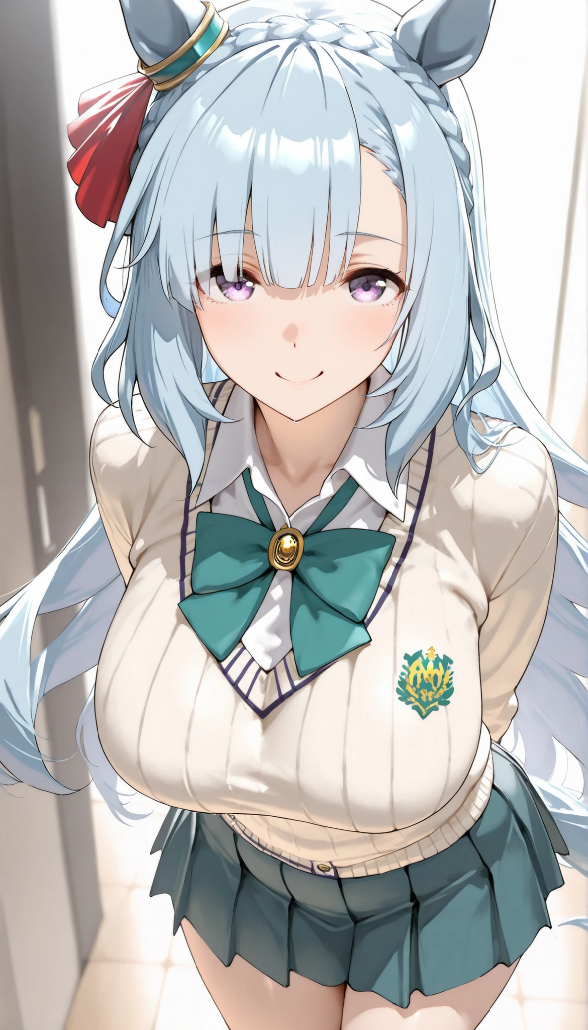 (masterpiece:1.5), (Highest Quality:1.4), (high definition:1.9), High quality eyes, Mejiro Ardan(umamusume), anime cool woman, high school uniform, skirt, sweater, (plump:0.8), (embarrussed), sexy smile