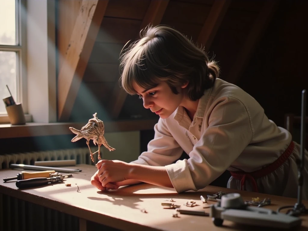 Create an image of a young artist working on a masterpiece in a cluttered, dimly lit studio. The canvas is marked with paint smudges, and the artist is in deep concentration, underscoring the idea that the path to creative success is filled with messy, imperfect moments. Cinematic Photography, soft overhead lighting, --ar 16:9 --v 5