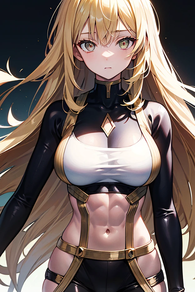 yellow eyes blue lipstick .a star on her forehead long blonde hair bangs. tall muscular athletic body slim waist big breasts big buttocks blue and yellow footballer clothes