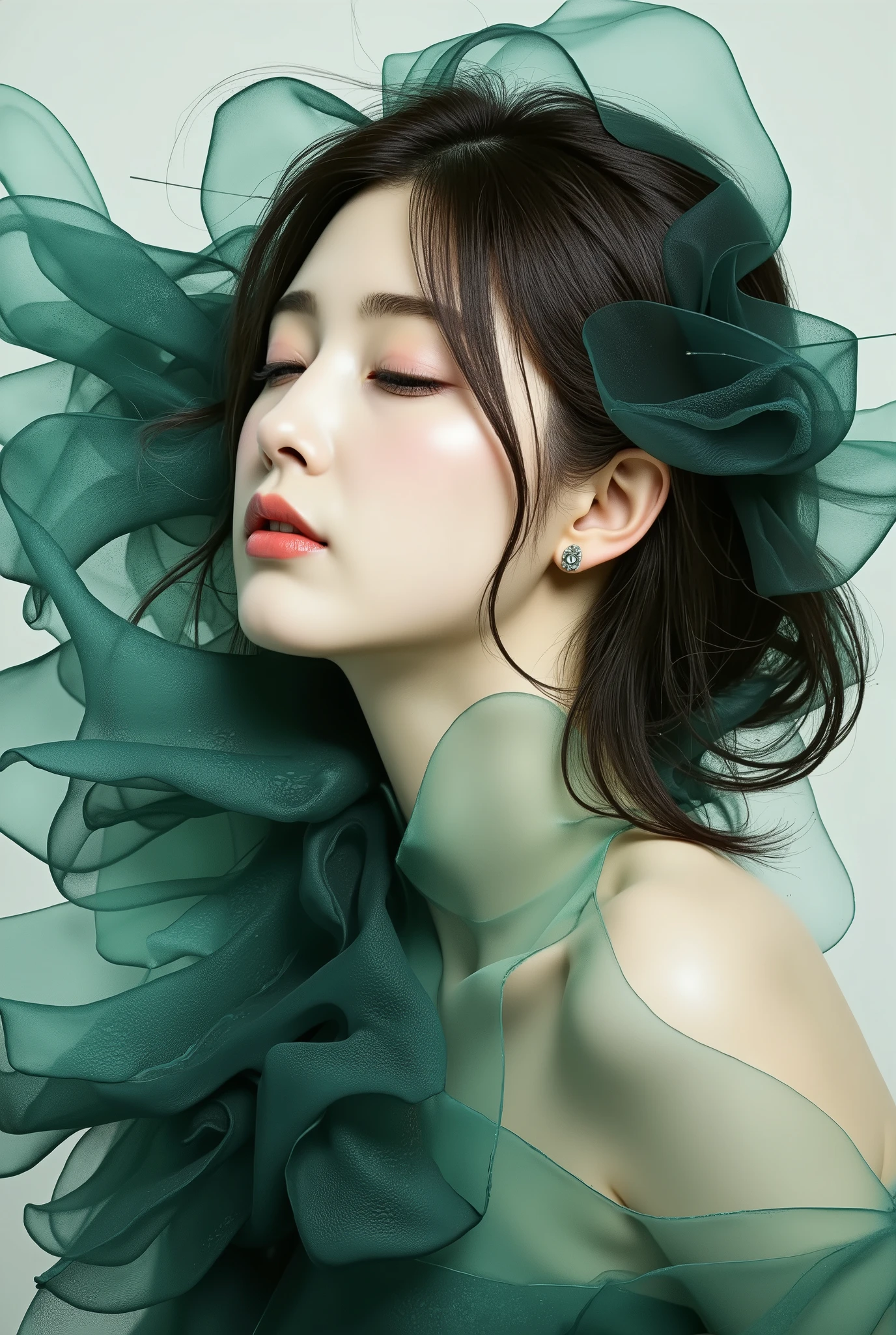 beautiful woman, eyes closed, black and green ink flow, 8k resolution, photorealistic masterpiece by Aaron Horkey and Jeremy Mann, intricately detailed fluid gouache painting by Jean Baptiste, professional photography, natural lighting, volumetric lighting, maximalist, 8k resolution, concept art, intricately detailed, complex, elegant, expansive, fantastical, cover,