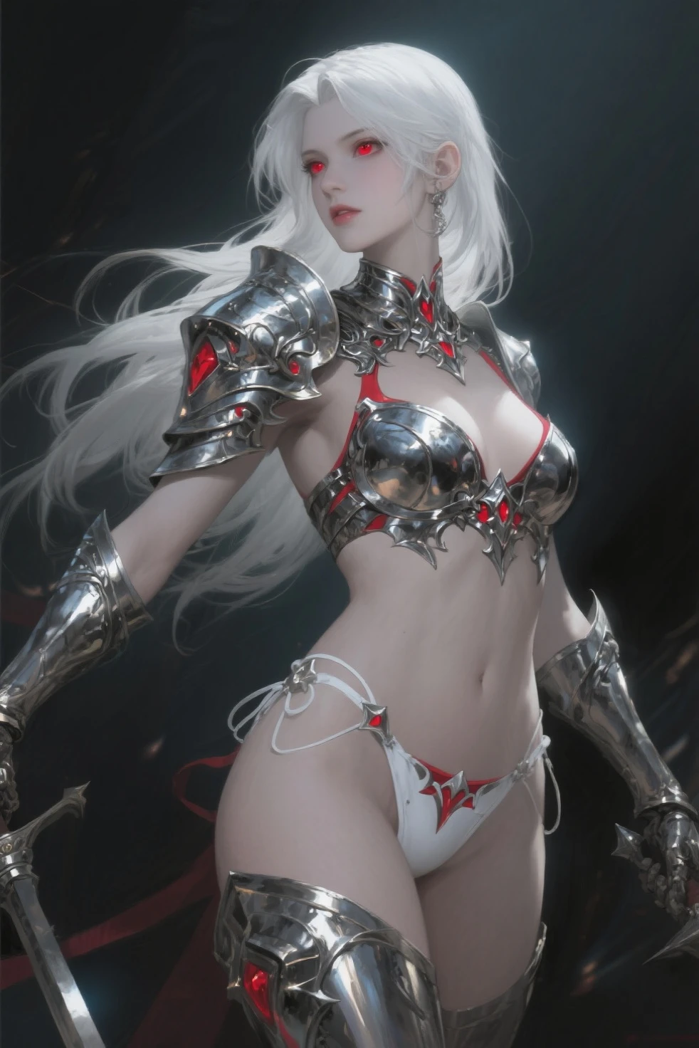 (The best quality,A high resolution,Ultra - detailed,actual),Fran Final Fantasy XII, snow white hair reaching to the waist,( long white ears with hints of brown rabbit fur :1.4) ,(His predominant weapon is the bow and arrows.:1.4),(Her blood red eyes are accompanied by perfectly shaped eyebrows the same color as her hair.:1.4), (extremely provocative clothing:1.4) . Her legs are partially covered by a garment made of shiny white metal that leaves parts of her lower limbs uncovered and highlights her buttocks, and connects to double-stiletto heels with sharp claws on her toes.. She wears a bra made of the same material that slightly accentuates the breast area and covers her bare abdomen with a white fabric that manages to be transparent.. Her arms are also partially covered by a cloth with red pointed edges that reaches above the elbows.. Finally, He has a helmet with empty embroidery that completes the shape of his head and the vierna ears rest between two holes at the top., (cowboy pose :1.4), (Fran Final Fantasy XII:1.4), ,(Dungeon ruins background ruins large stones cavern cave :1.4 ), (detailed perfect anatomy :1.4), epic fantasy art style hd, 4K fantasy art, epic fantasy digital art style, epic fantasy art style, Fantasy Woman, epic fantasy art portrait, Epic fantasy style, hyperrealistic fantasy art, hd fantasy art, epic fantasy character art, epic fantasy art, in style of dark fantasy art, epic fantasy digital art, Unreal Engine:1.4,UHD,The best quality:1.4, Photorealistic:1.4, skin texture:1.4, masterpiece:1.8, (cinematic lighting :1.4),( Fran - Final Fantasy XII:V2.1), (cowboy pose :1.4),( bright colors), (armadura cyborg white plastic transparent metallic :1.4)